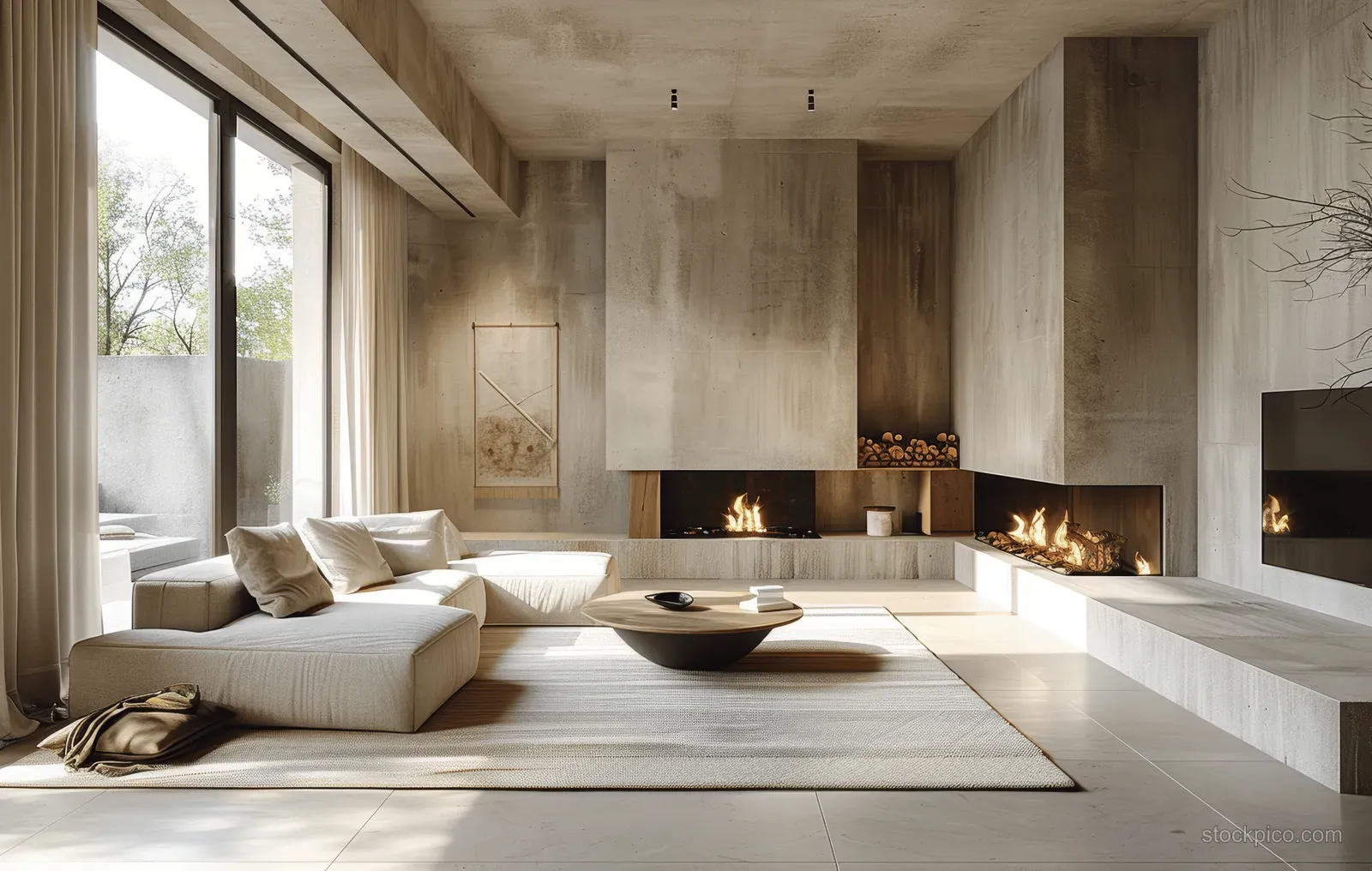 Beige sofa and coffee table sit before concrete walls with a lit open fireplace and large window light.