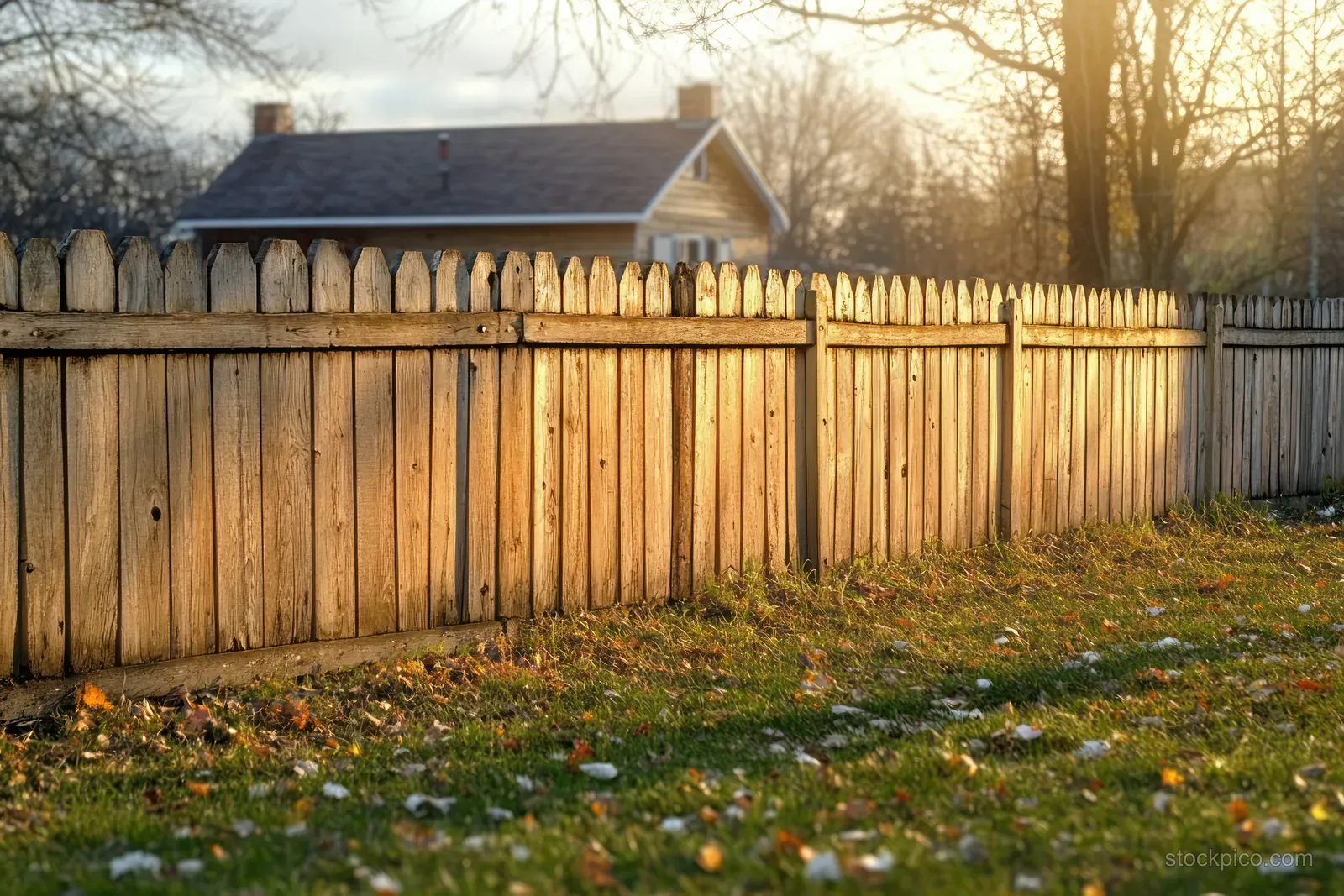Warm sunlight highlights a wooden picket fence in a suburban yard with grass and bare trees behind it.