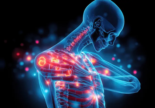 A glowing 3D elbow skeleton highlights pain at the joint with bright radiating light in a dark background.