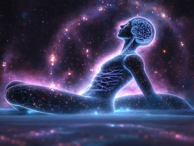 Reclining meditative figure with glowing neural network and star-filled vortex