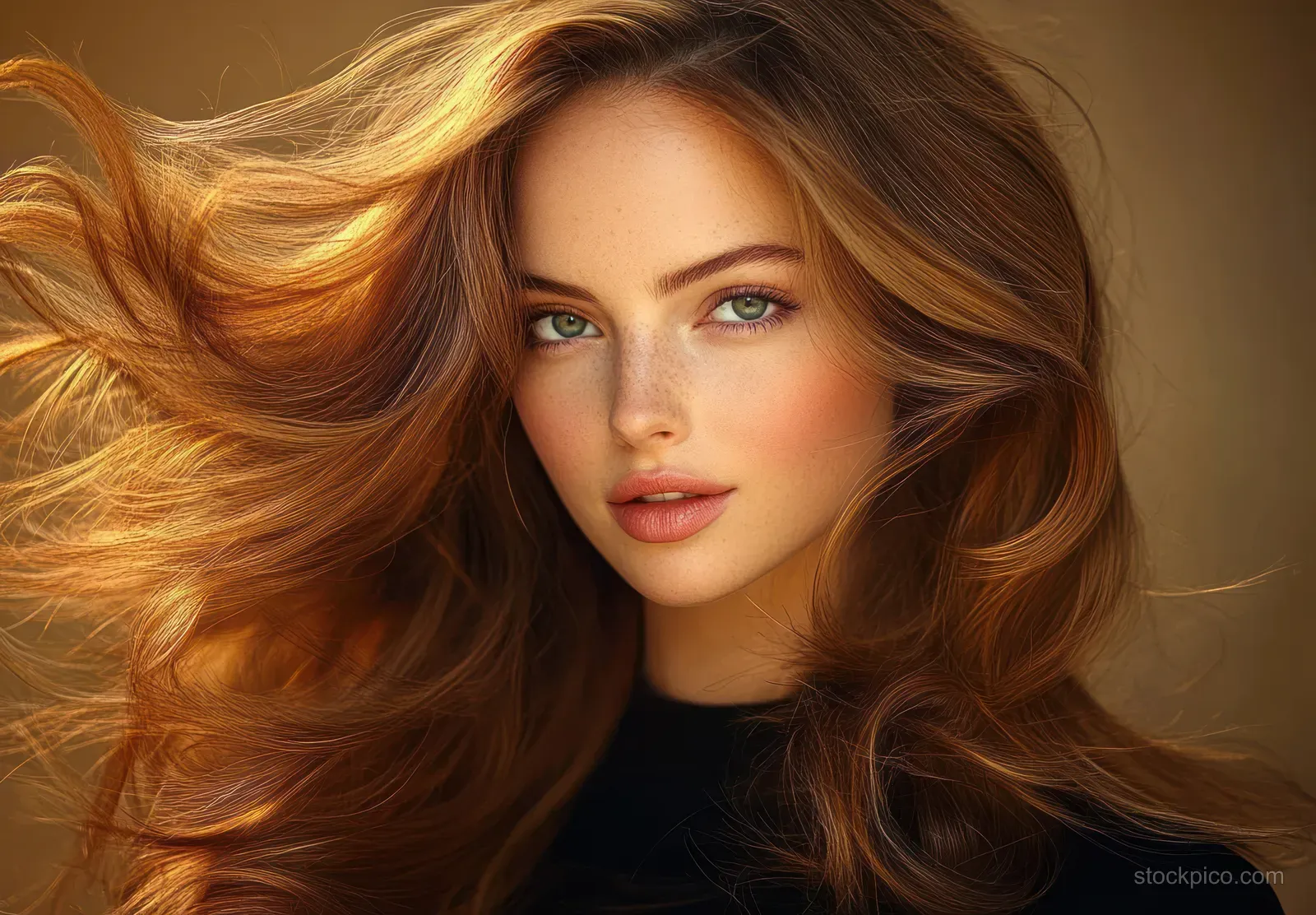 Woman poses in studio light with glossy long wavy hair framing her face and subtle makeup.