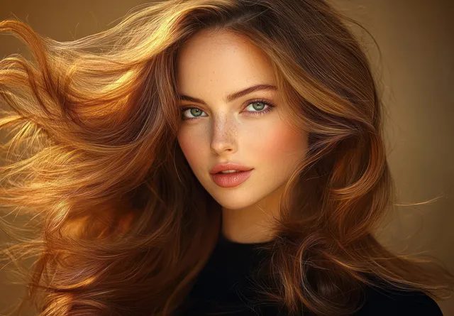 Woman poses with shiny long wavy hair, soft studio lighting and elegant natural makeup