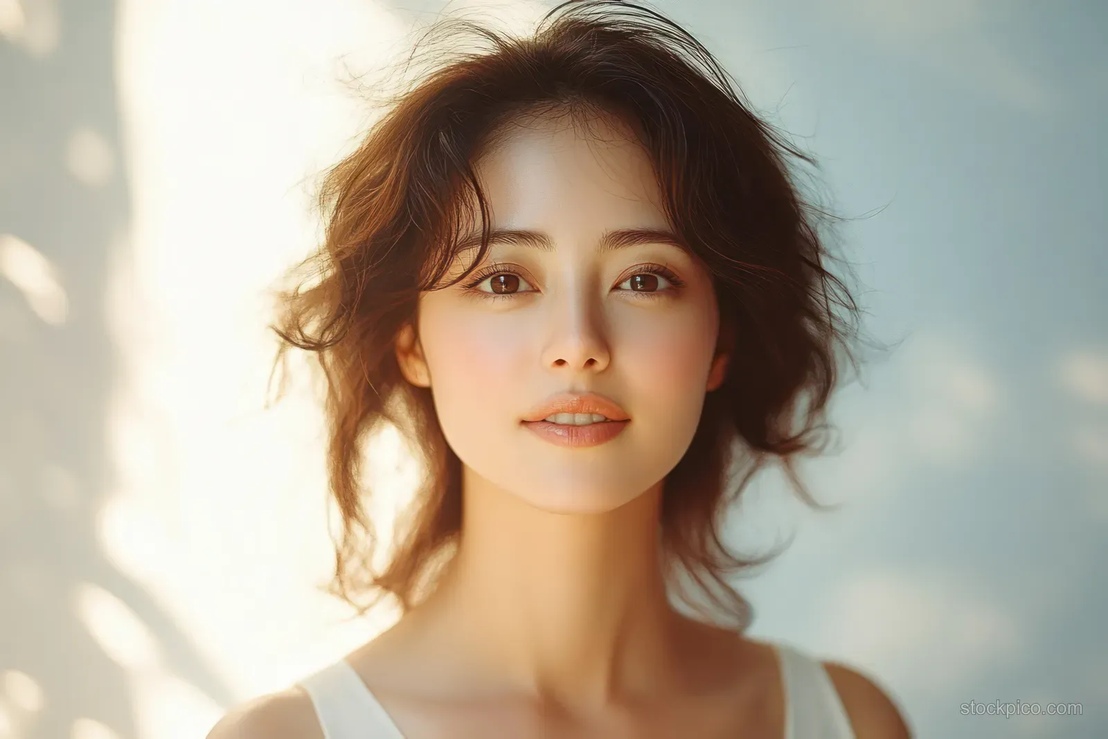 Middle-aged Asian woman smiling in a white top outdoors with warm natural light and soft bokeh background.