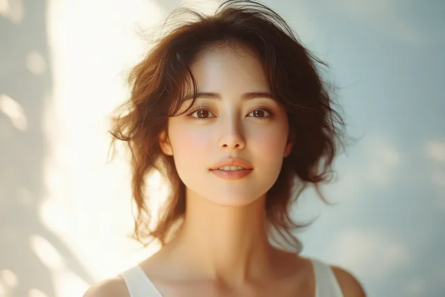 Middle-aged Asian woman smiling in white top, softly lit outdoors with gentle bokeh