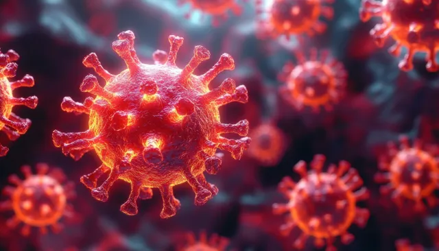 Red virus particles with spiked proteins floating in a dark glowing microscopic background with Spike Like Projections