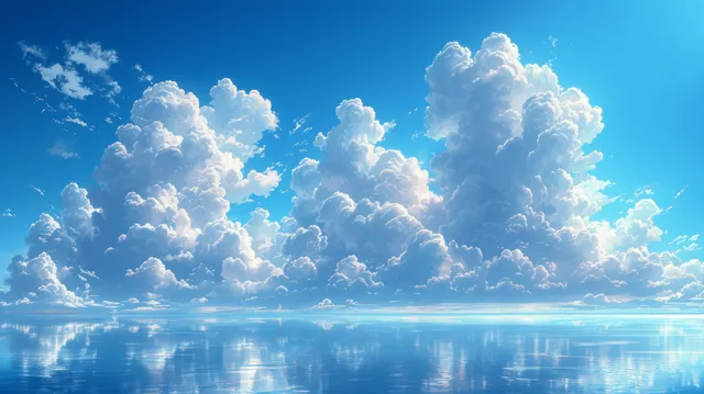 A serene anime-style sky showcases majestic thunderhead clouds above a bright summer horizon in refreshing blue-and-white hues.