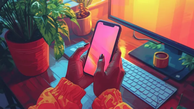 Hands hold smartphones beside a laptop on a desk with social media notification icons.