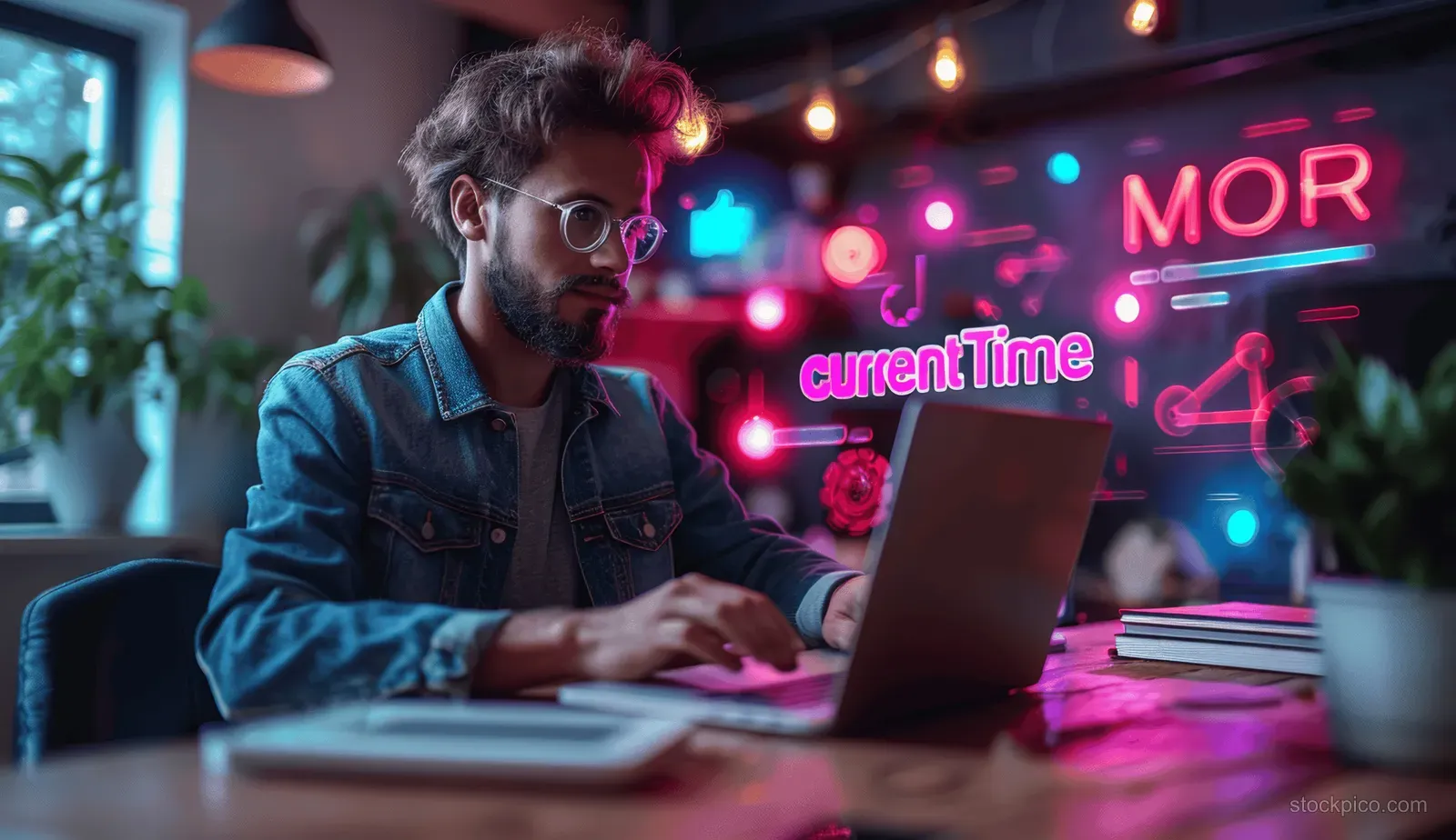 A person works on a laptop showing a glowing SEO analytics dashboard at a night desk.