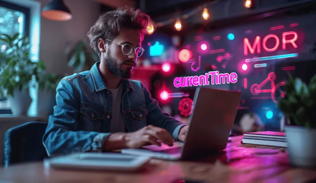 A person works on a laptop showing a glowing SEO analytics dashboard at a night desk.