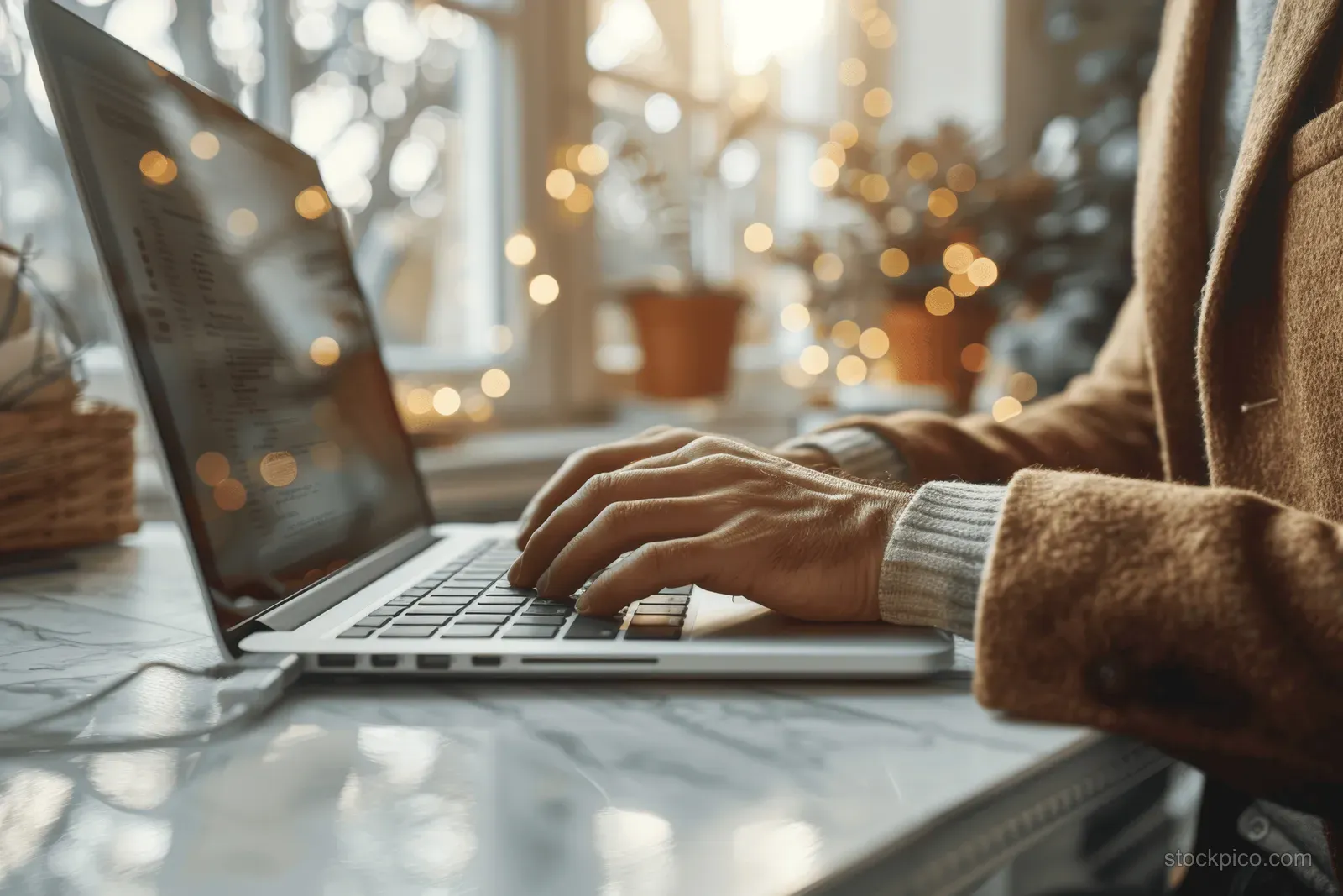 Close-up of hands typing on a laptop keyboard on a sunlit office desk with bright window light.