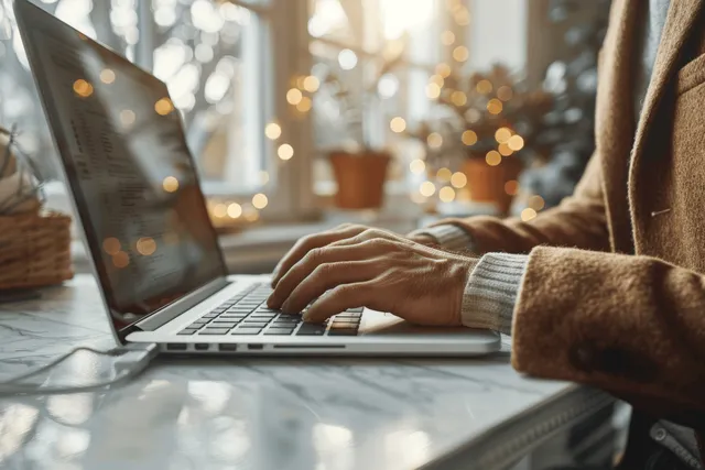 Close-up of hands typing on a laptop keyboard on a sunlit office desk with bright window light.