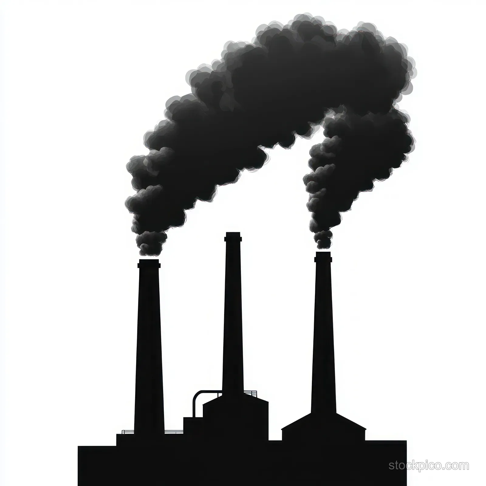 A silhouetted factory with three smokestacks releases thick black smoke against a white background.