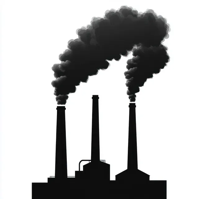 A silhouetted factory with three smokestacks releases thick black smoke against a white background.