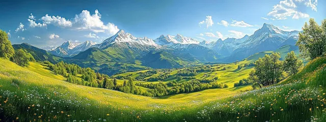 Sunlit alpine meadow filled with wildflowers stretches toward snowcapped peaks under a bright blue sky.