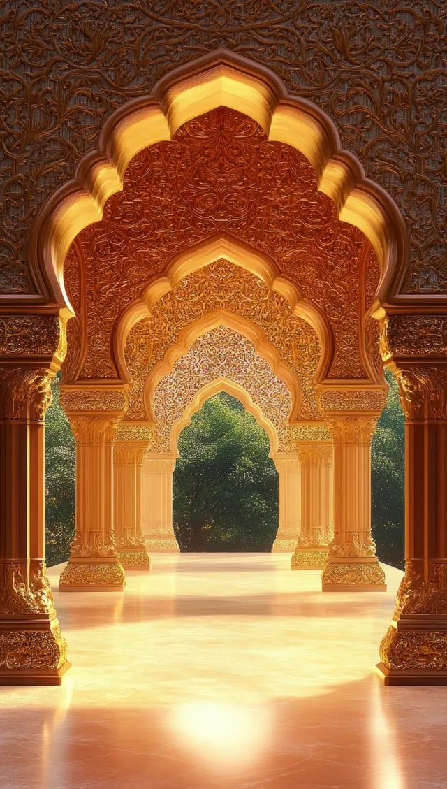 Symmetrical golden archway corridor with intricate floral carvings leading toward bright greenery in warm sunlight.