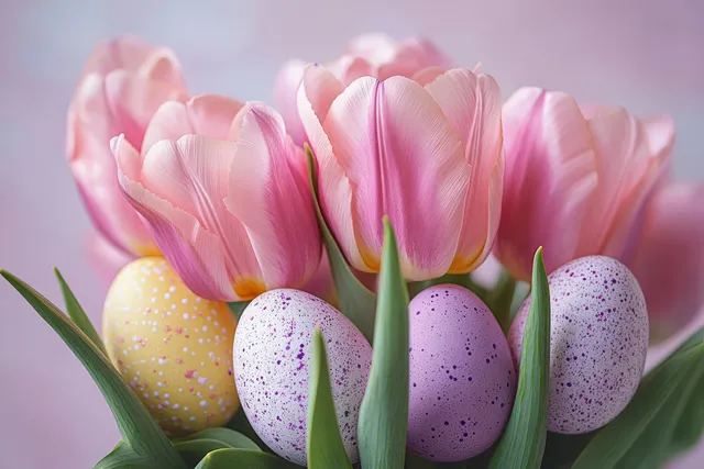 Pastel pink tulips and speckled Easter eggs nestled in green leaves against a soft pink background.