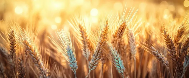 Ripe golden wheat ears sway in a sunlit field with warm sunset bokeh behind them.