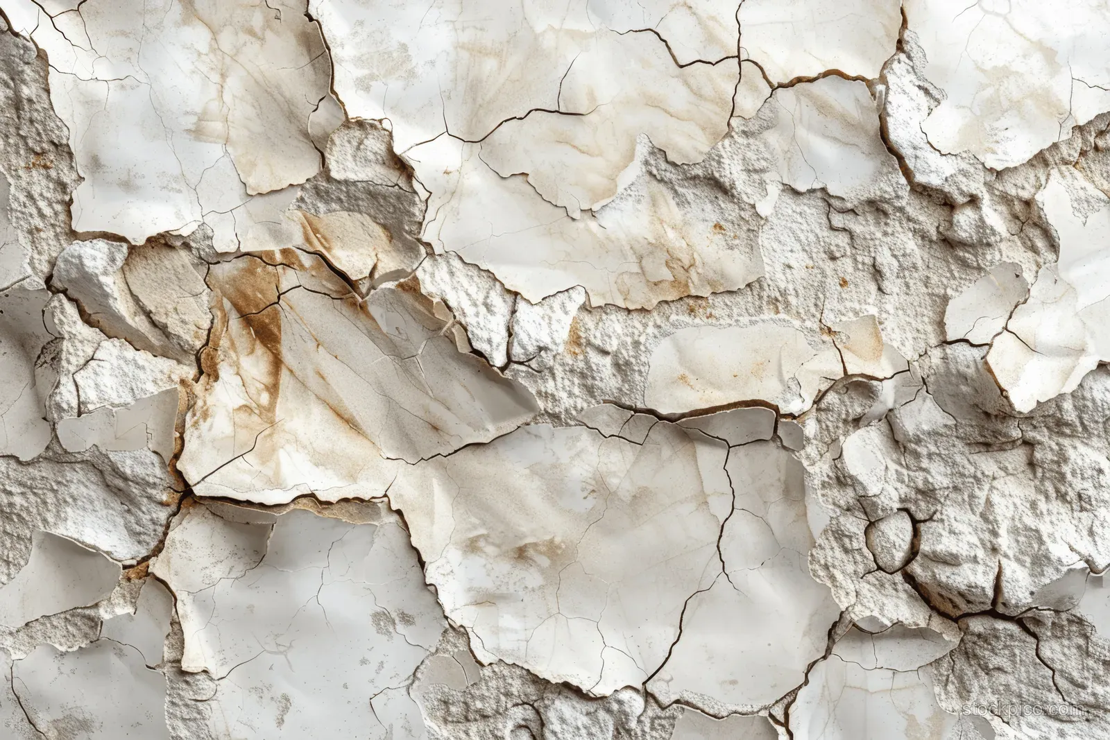 Close-up of a cracked cream concrete wall with beige weathered patches and fine lines.