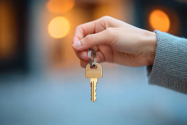 Close-up of a hand offering a gold house key in a softly lit modern office with blurred lights behind.