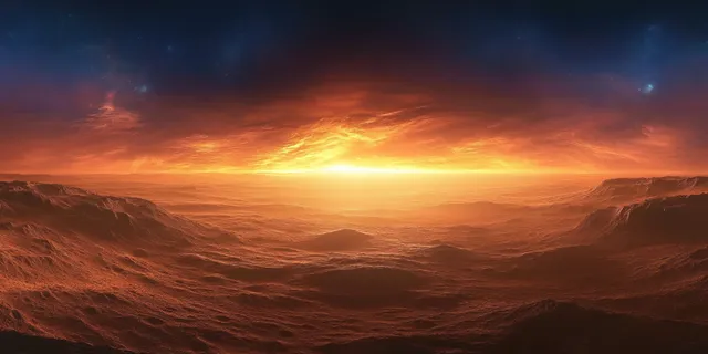 Surreal Martian twilight landscape glows with golden horizon light over alien canyon terrain