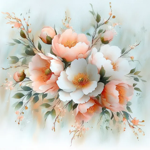 Watercolor bouquet of peach and white flowers with green leaves and small buds on a pale background.