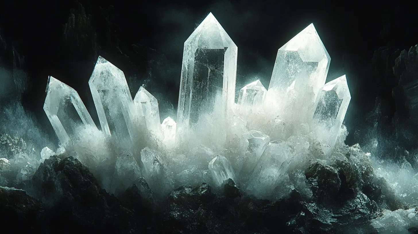 Softly glowing transparent quartz crystals rise from dark, dusty cave rocks.