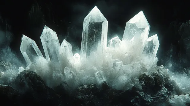 Cluster of glowing transparent quartz crystals rising from a dark rocky cave wall