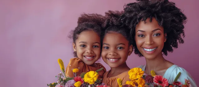 Happy African American mother hugging daughter with bouquet, smiling against purple studio backdrop
