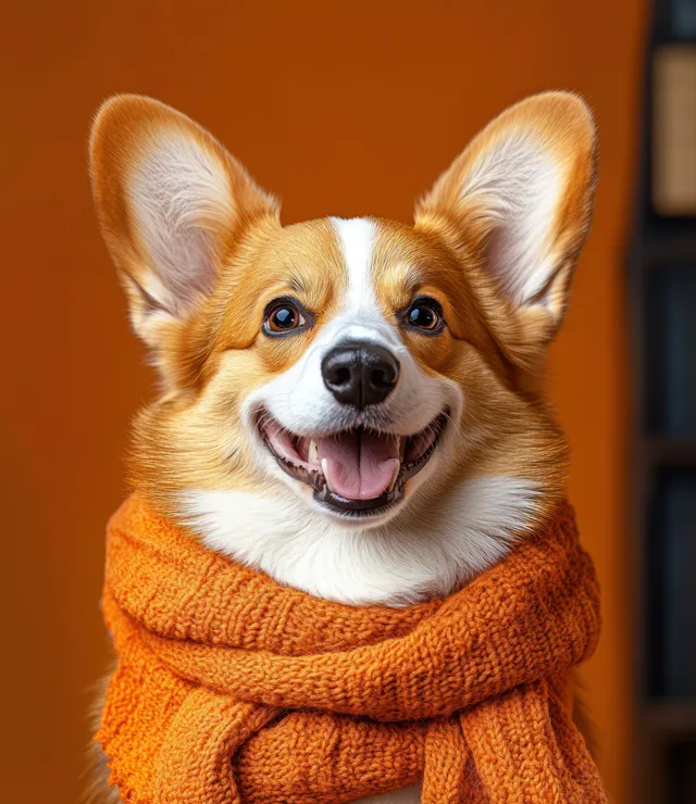 Corgi dog smiling in an orange knitted scarf with large alert ears