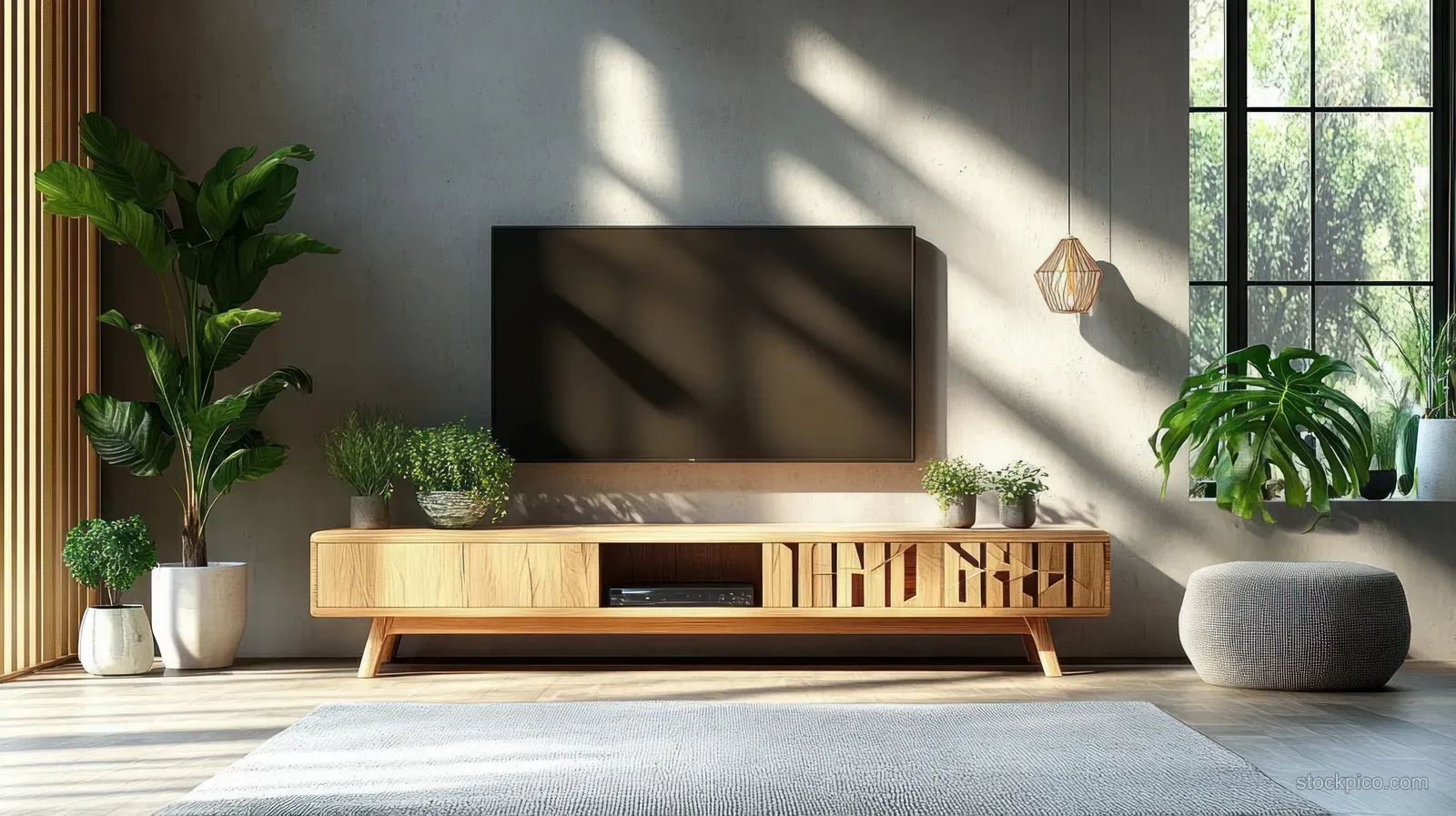Minimalist living room with a wooden TV stand, potted plants, and sunlight casting shadows on a concrete wall.