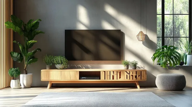 Minimalist living room with a wooden TV stand, potted plants, and sunlight casting shadows on a concrete wall.