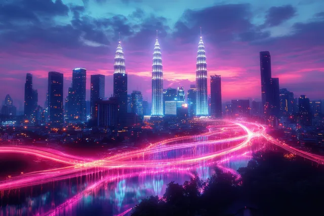 Futuristic Kuala Lumpur skyline at night with red and magenta light trails linking illuminated towers.