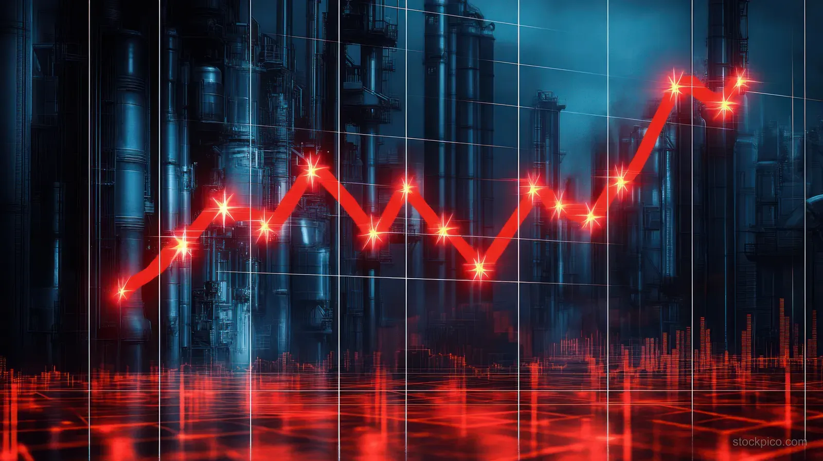 Red and blue economic graph lines over a blue industrial skyline with glowing peaks and dips at night.