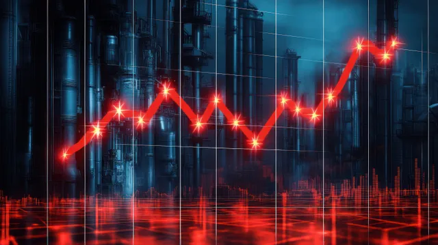 Red and blue economic graph lines over a blue industrial skyline with glowing peaks and dips at night.