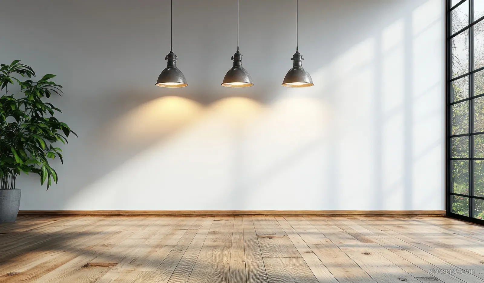 Empty minimalist room interior with white walls, wooden plank floor, and pendant lights casting soft shadows.