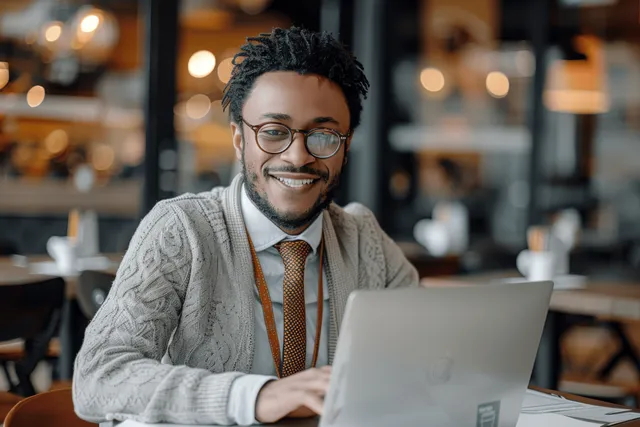 Smiling businessman working on laptop at office cafe table, tie and sweater visible