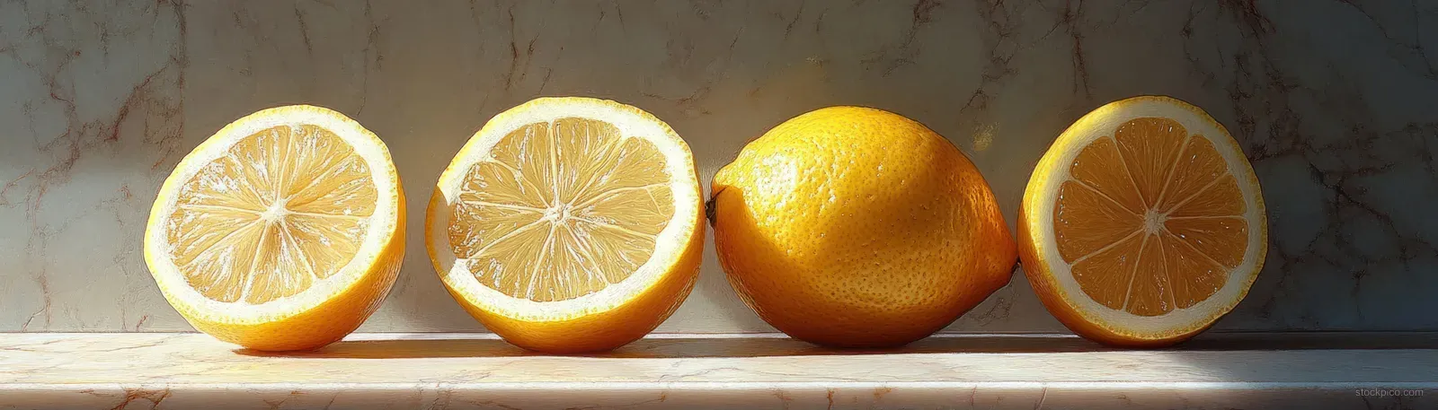 Whole and halved lemons arranged on a wooden board.