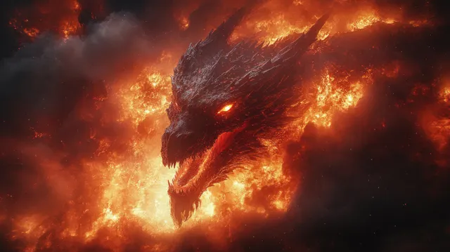Three-headed dragon emerging from blazing volcanic smoke, fiery glow and ember sparks