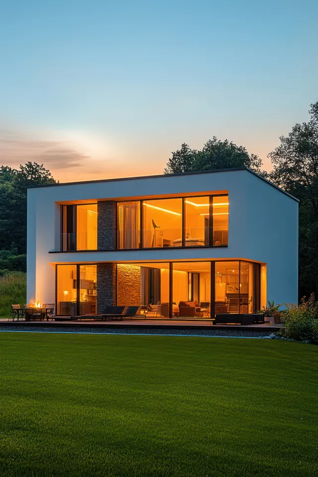 A modern white house with warm lit windows sits on a green lawn at twilight under a blue-orange sky.