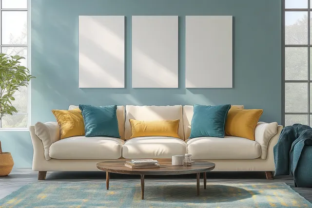 Cream sofa with mustard and teal cushions before three blank wall canvases in a sunlit living room with a round coffee table and plant.