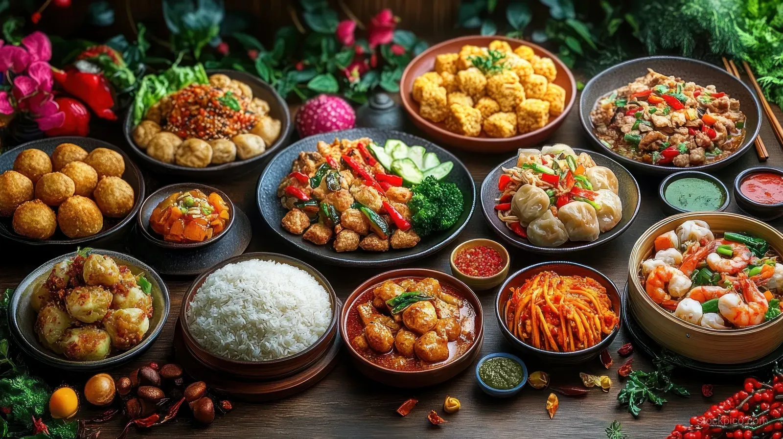 Top view of multiple Chinese New Year dishes in bowls on a red table with chopsticks and herbs.