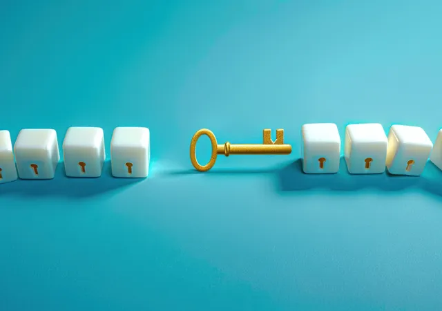 Golden key centered between two rows of white cubes with keyhole symbols on a blue background.