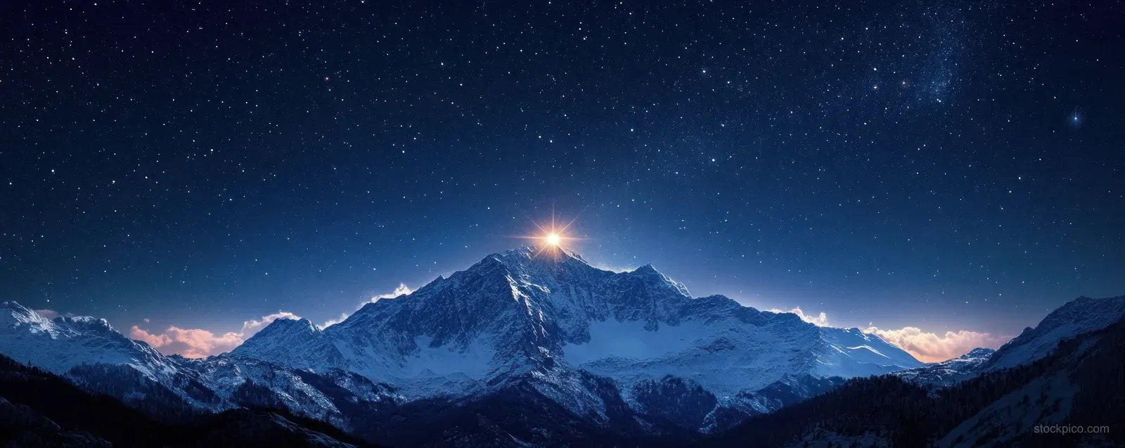 A bright star glows above dark snowy mountain peaks under a deep blue starry night sky.