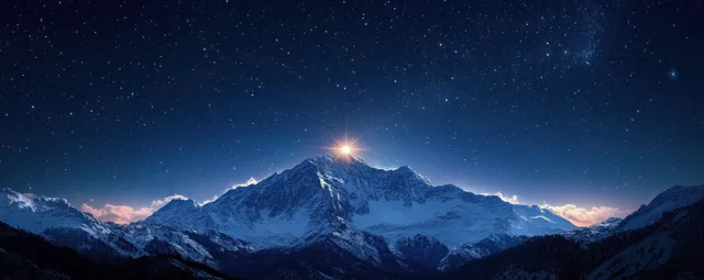 Bright star shining above snowy mountain peaks at night with starry blue sky
