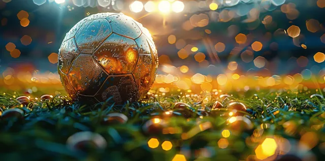 Shiny gold football on stadium grass with falling confetti and glowing bokeh lights