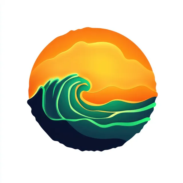 Neon green wave swirls in a circular abstract illustration over a glowing orange sunset background.