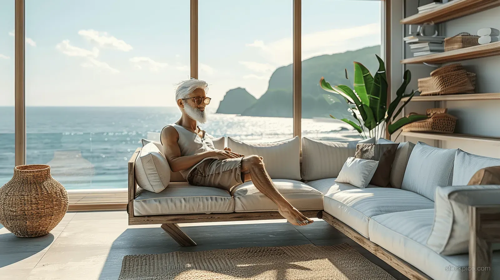 An elderly couple reclines on a beige sofa in a Japandi living room with a large sea-view window.
