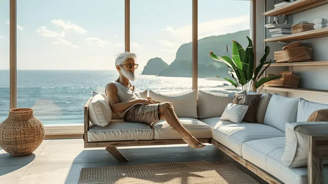 An elderly couple reclines on a beige sofa in a Japandi living room with a large sea-view window.