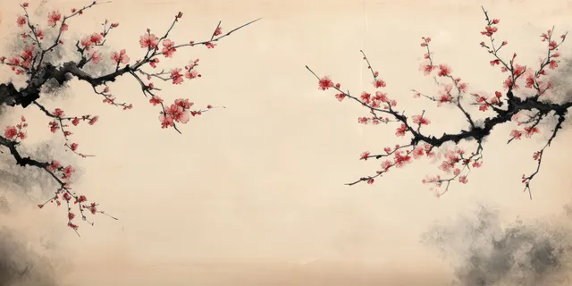 Cherry blossom branches against pale sky, ink-wash Japanese style with soft mist