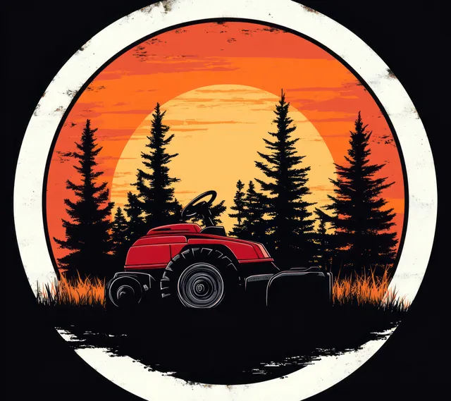 Red Lawn Mower Silhouette in Pine Forest at Sunset